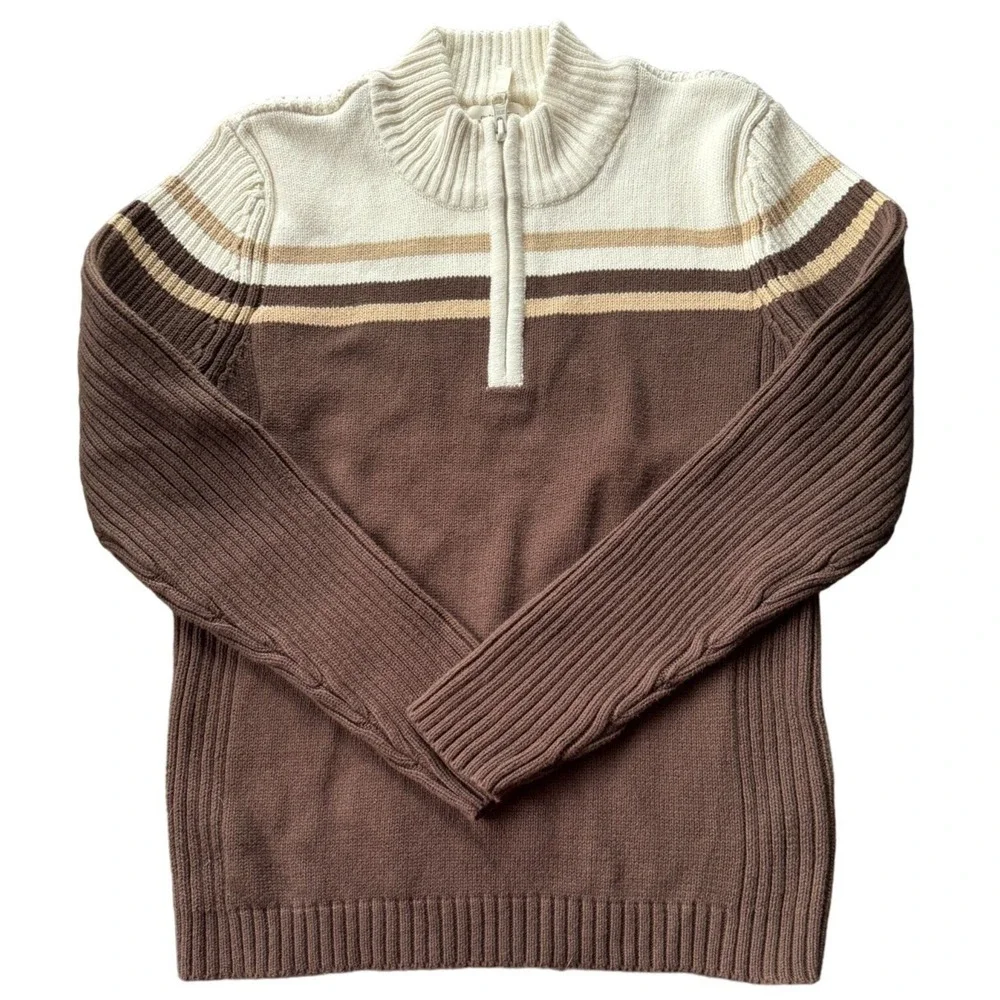 St Johns‎ Bay Petite Brown Striped Quarter Zip Cotton Mock Neck Sweater PM F2